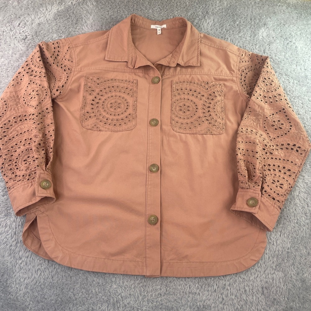 Maurices Button Down Shirt Womens Small Pink Eyelet Sleeve Cotton Shacket
